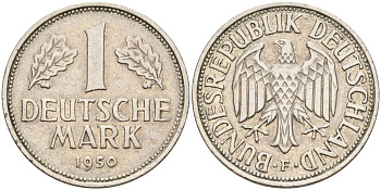 ФРГ 1 марка 1950 F KM 110, J. 385 медно-никель 4177-833