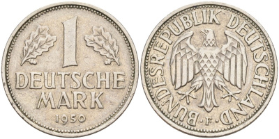 ФРГ 1 марка 1950 F KM 110, J. 385 медно-никель 4177-833