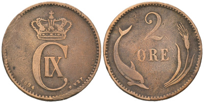 Дания 2 эре 1894 Кристиан IX (1863-1906) KM 793.2 бронза 4571-935