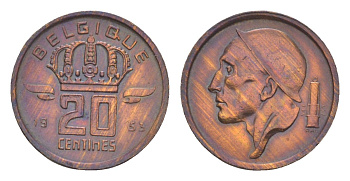 Бельгия 20 сантимов 1953 Belgique, Бодуэн I (1951-1993) KM 146 бронза 4169-725