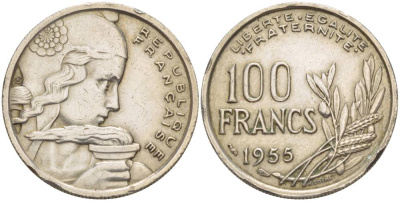 ФРАНЦИЯ 100 ФРАНКОВ 1955 ТИП COCHET KM 919.1, LE FRANC 450.5 медно-никель 4551-637