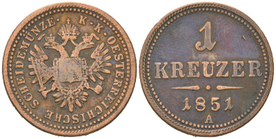 Австрия 1 крейцер 1851 A, Франц Иосиф I (1848-1916) KM 2185 медь 4615-263