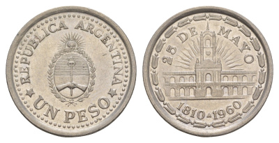 Аргентина 1 песо 1960 150 лет свержению Испанского Вице-короля KM 58 сталь плакированная никелем 4656-1137