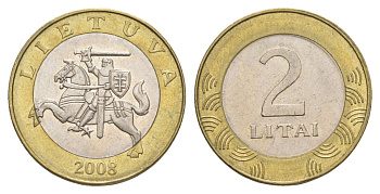 Литва 2 лита 2008 KM 112 биметалл 4633-911