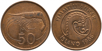 ИСЛАНДИЯ 50 АУРАР 1986 КРЕВЕТКА KM 26а сталь плакированная бронзой 181-635