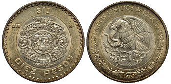 Мексика 10 песо 1998 Мо, бог Тонатиуха с огненной маской KM 616 биметалл XF- 215-1021