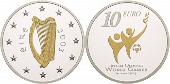 Ирландия 10 евро 2003 специальные Олимпийские игры в Ирландии 2003, позолота KM 41 серебро PROOF 1088-4-33