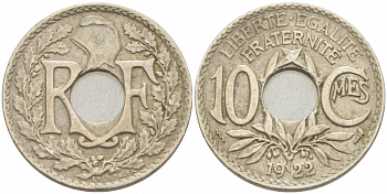 ФРАНЦИЯ 10 САНТИМОВ 1922 tb, ТИП ЛИНДАЙЁ, МОНЕТНЫЙ ДВОР ПУАССИ, МОЛНИЯ KM 866а медно-никель 4402-744