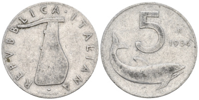Италия 5 лир 1954 R, руль, дельфин KM 92 алюминий 259-122