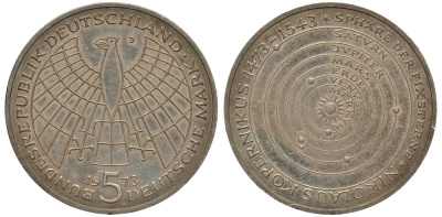 ФРГ 5 марок 1973 J, 500 лет со дня рождения Николая Коперника KM 136, J. 411 серебро 413-4832