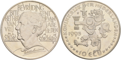 НИДЕРЛАНДЫ 10 ЭКЮ 1995 ВИЛЬГЕЛЬМИНА медно-никель UNC 4552-833