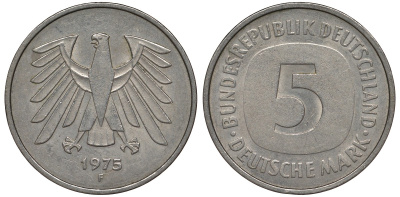 ФРГ 5 марок 1975 F, монетный двор Штутгарт КМ 140.1, J. 415 медно-никель плакированный никелем 4123-814