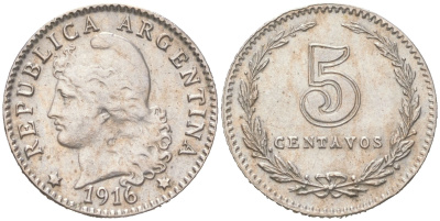 Аргентина 5 сентаво 1916 редкий год KM 34 медно-никель 4621-1037