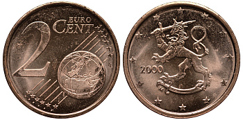 ФИНЛЯНДИЯ 2 ЕВРОЦЕНТА 2000 KM 99 сталь плакированная медью UNC 4181-447