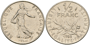 Франция 1/2 франка 1985 сеятель KM 931.1 никель 25-1141