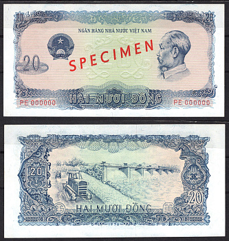 Вьетнам 20 донг 1976 Образец - SPECIMEN. Хо Ши Мин. Тракторы, плотина гидроэлектростанции Pick 83 s бумага UNC (пресс) 451-794-2