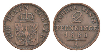 Пруссия 2 пфеннига 1868 A, Вильгельм I (1861-1888) KM 481, Jaeger 51, AKS 107, Olding 425 медь 4651-261