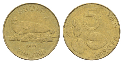 Финляндия 5 марок 1993 KM 73 алюминиевая бронза 4648-632