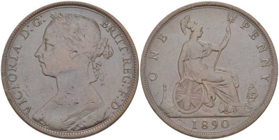 Великобритания 1 пенни 1890 Виктория (1837-1901) KM 755, Spink 3954 бронза 3460-215