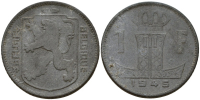 Бельгия 1 франк 1945 Belgie - Belgique, Леопольд III (1934-1947), германская оккупация, Вторая мировая война KM 128 цинк 4161-556