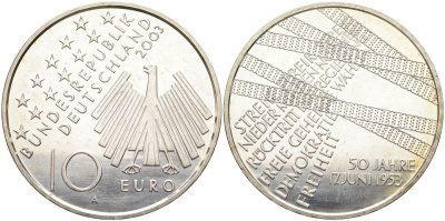 ФРГ 10 евро 2003 А, 50-я годовщина народного восстания 1953 года в ГДР KM 226, DE.S. 10.9 серебро PROOF 02-078-43