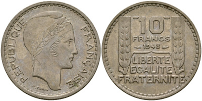 Франция 10 франков 1948 тип Пьер Турин KM 909.1, Le Franc 362.3 медно-никель 4137-624
