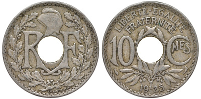 Франция 10 сантимов 1925 KM 866a медно-никель 4164-413