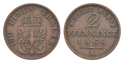 Пруссия 2 пфеннига 1868 A, Вильгельм I (1861-1888) KM 481, Jaeger 51, AKS 107, Olding 425 медь 4651-261