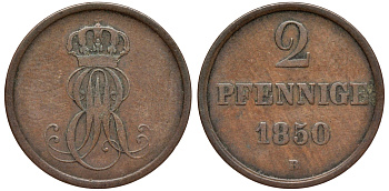 Ганновер 2 пфеннига 1850 B, Эрнст Август (1837-1851) KM 202.1, AKS 124, J. 75 медь 75-1935