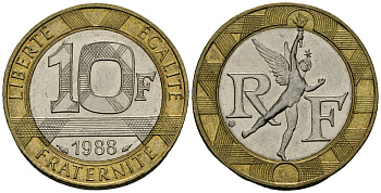 Франция 10 франков 1988 тип гений Бастилии KM 964.1, Le Franc 375.2 биметалл 4135-531