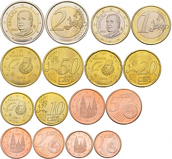 Испания евронабор из 8 монет 2011 1, 2, 5, 10, 20, 50 евроцентов, 1 и 2 евро KM 1040, 1041, 1042, 1070, 1071, 1072, 1073, 1074 UNC 183-1111