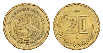Мексика 20 сентаво 1995 KM 548 алюминиевая бронза UNC 4594-515