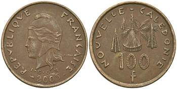 Французская Новая Каледония 100 франков 2005 хижина среди сосен и пальм, (IEOM) KM 15, Schoen 16, Lec 139i никель бронза 111-425