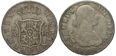 Испания 2 реала 1808 M IG, мондвор (Мадрид), Карлос IIII (1788-1808) KM 430.1 ( C69.1) серебро 650-842