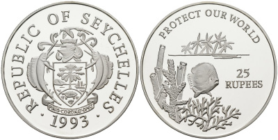 Сейшельские острова 25 рупий 1993 серия защитите наш мир, кораловая рыбка, тираж 10000 экз. KM 71 серебро PROOF 1078-4-11