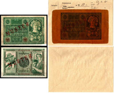 Германия 50 марок 1920 23 июня, MUSTER, образец, Specimen. В оригинальном банковском конверте. Из коллекции Отто Сейфферта (помощник Ялмара Шахта - министра экономики Германии и президента Рейхсбанка времен третьего рейха) Pick 68 s, Grabowski DEU 74 бума