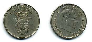 ДАНИЯ 1 КРОНА 1967 C; S, ФРЕДЕРИК IX (1947-1972) KM 851.1 медно-никель 56-453
