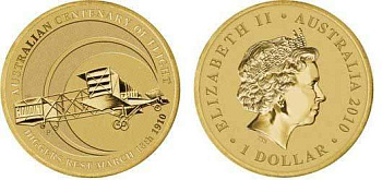 Австралия 1 доллар 2010 100 лет первого авиаполета в Австралии, биплан, самолёт KM 1382 алюминиевая бронза UNC M40-04
