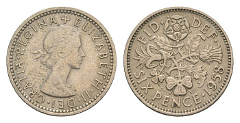 Великобритания 6 пенсов 1958 Елизавета II (1952-2022) KM 903, Spink 4149 медно-никель 4613-415