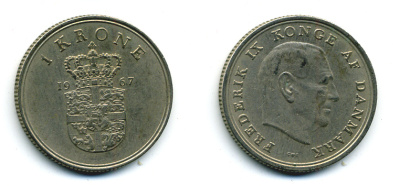 ДАНИЯ 1 КРОНА 1967 C; S, ФРЕДЕРИК IX (1947-1972) KM 851.1 медно-никель 56-453