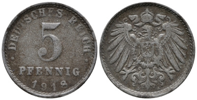 ГЕРМАНИЯ 5 ПФЕННИГОВ 1918 A KM 19, J. 297 железо 39-257