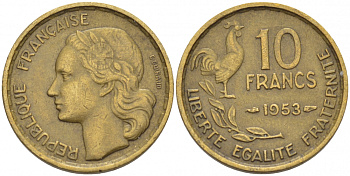 Франция 10 франков 1953 петух KM 915.1, Le Franc 363.8 алюминиевая бронза 112-838