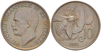 ИТАЛИЯ 10 ЧЕНТЕЗИМО 1921 R, МОНДВОР РИМ, ВИКТОР ЭММАНУИЛ III (1900-1946) KM 60 медь 4525-225