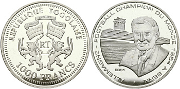 Того 1000 франков 2001 чемпионат мира по футболу 1954 в Швейцарии, Берн KM 36 серебро PROOF 00-000-00