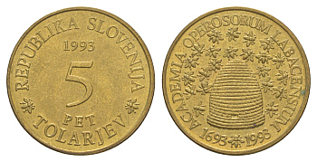 Словения 5 толаров 1993 300 лет Словенской Академии Наук и Искусств KM 12 латунь UNC 4571-153