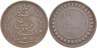 Тунис 10 сантимов 1891 АН 1308, Али III ибн аль-Хусейн KM 222 бронза 4526-145