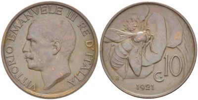ИТАЛИЯ 10 ЧЕНТЕЗИМО 1921 R, МОНДВОР РИМ, ВИКТОР ЭММАНУИЛ III (1900-1946) KM 60 медь 4525-225