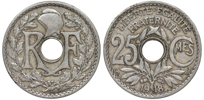 Франция 25 сантимов 1918 KM 867а медно-никель 51-2422