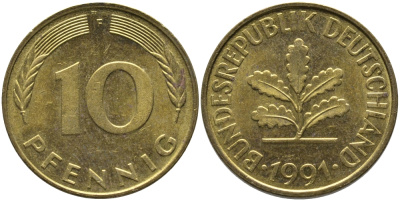 ФРГ 10 ПФЕННИГОВ 1991 F KM 108, J. 383 сталь плакированная латунью UNC 65-1213