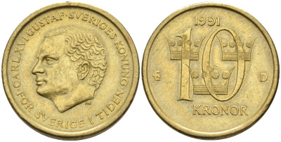 Швеция 10 крон 1991 D, Карл XVI Густав (1973- ) KM 877 медь алюминий цинк 4592-147